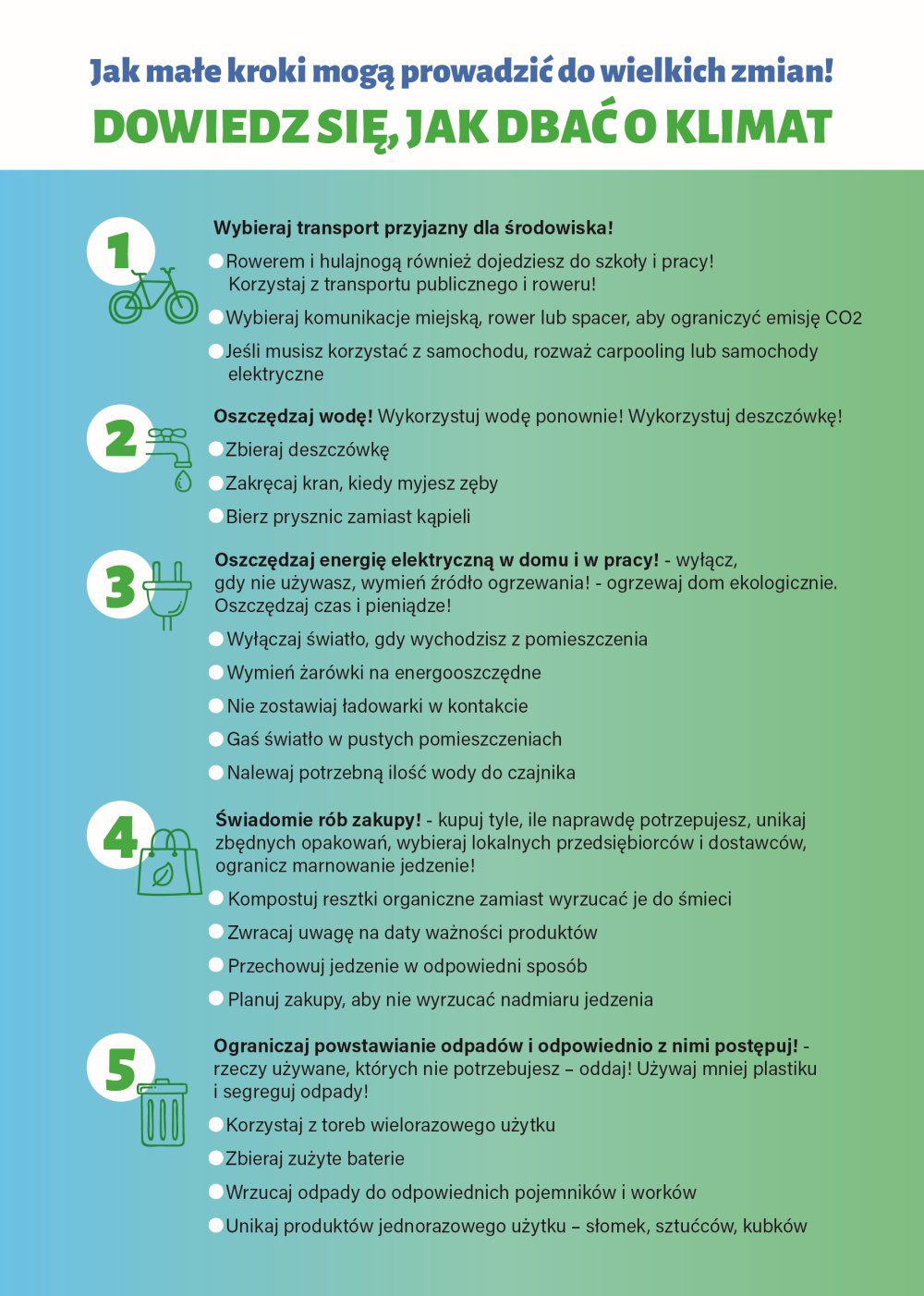 Ulotka informacyjna dotycząca przyczyn zmian klimatycznych i skutków postępujących zmian klimatu oraz informacja jak dbać o klimat
