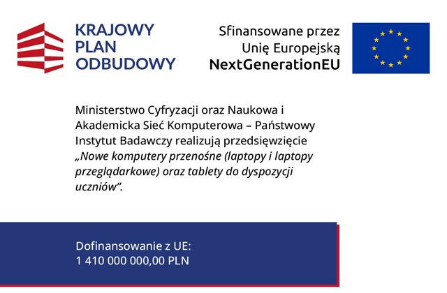 tablica informacyjna logotypy Polska, Unia Europejska, Krajowy Plan Odbudowy