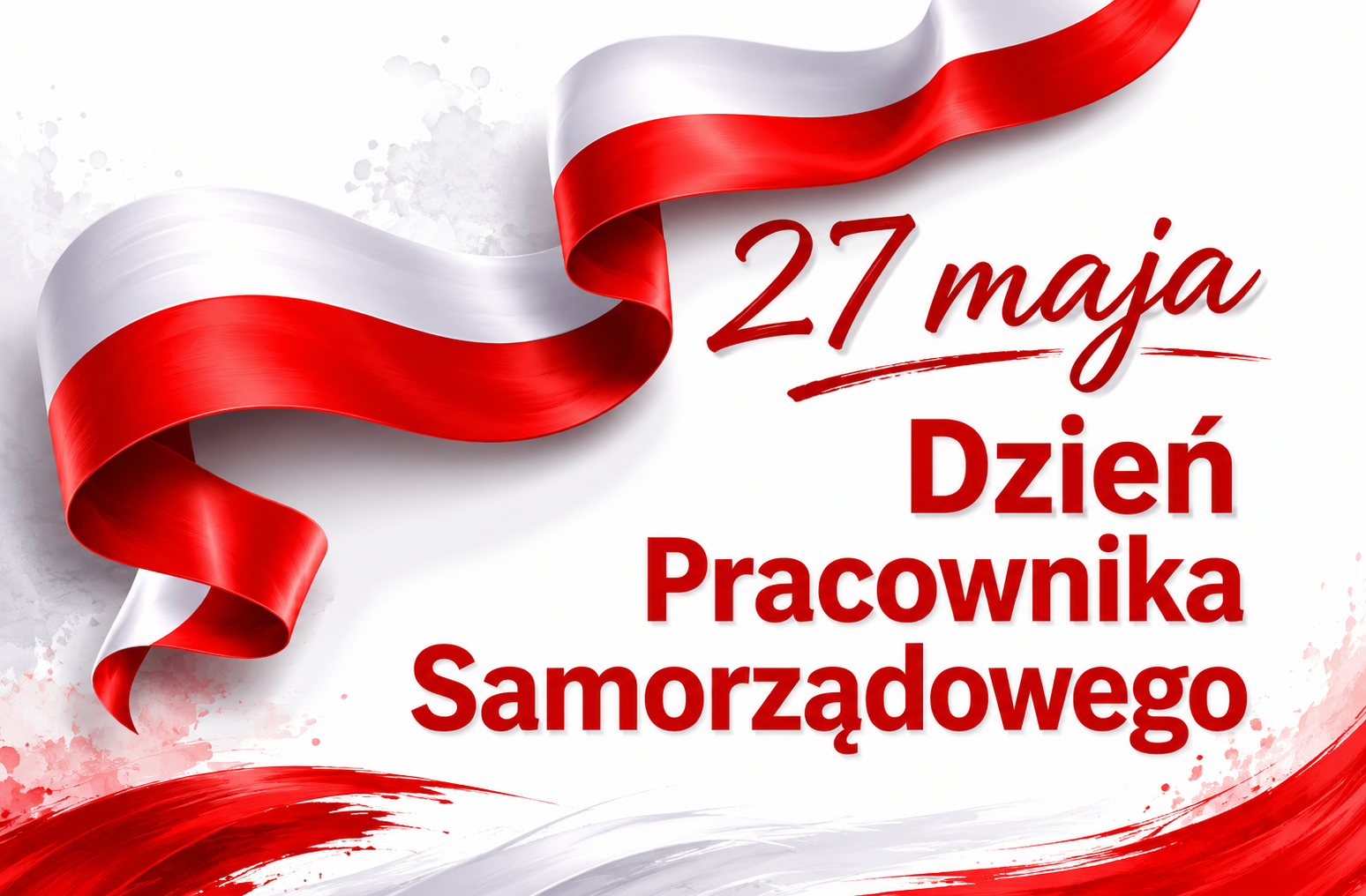 Grafika na białym tle, z biało czerwoną flaga z czerwonym napisem - 27 maja Dzień pracownika samorządowego