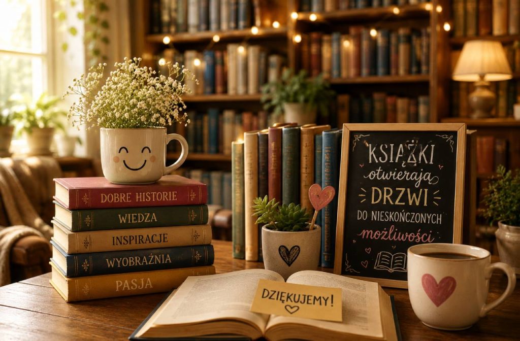 Grafika w bibliotece z książkami, kwiatami, otwartą książką na biurku a na niej karteczka z napisem Dziękuję