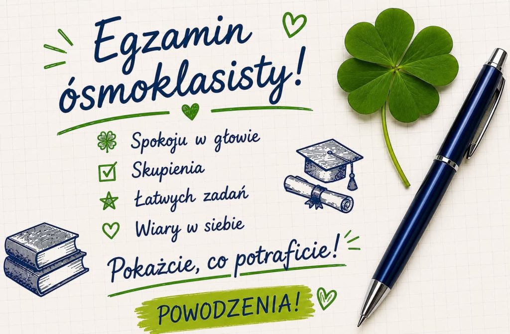 Grafika z życzeniami dla uczniów z okazji egzaminu ósmoklasisty.Na jasnym tle w kratkę znajduje się duży granatowy napis „Egzamin ósmoklasisty!”. Obok widoczna jest zielona czterolistna koniczyna oraz granatowy długopis. W centralnej części umieszczono krótkie życzenia: „Spokój”, „Skupienie”, „Łatwych zadań”, „Wiary w siebie” oraz napis „Pokażcie, co potraficie!”. Na dole znajduje się wyróżnione hasło „POWODZENIA!”. Grafika utrzymana jest w biało-zielono-granatowej kolorystyce i zawiera rysunki książek oraz dyplomu.