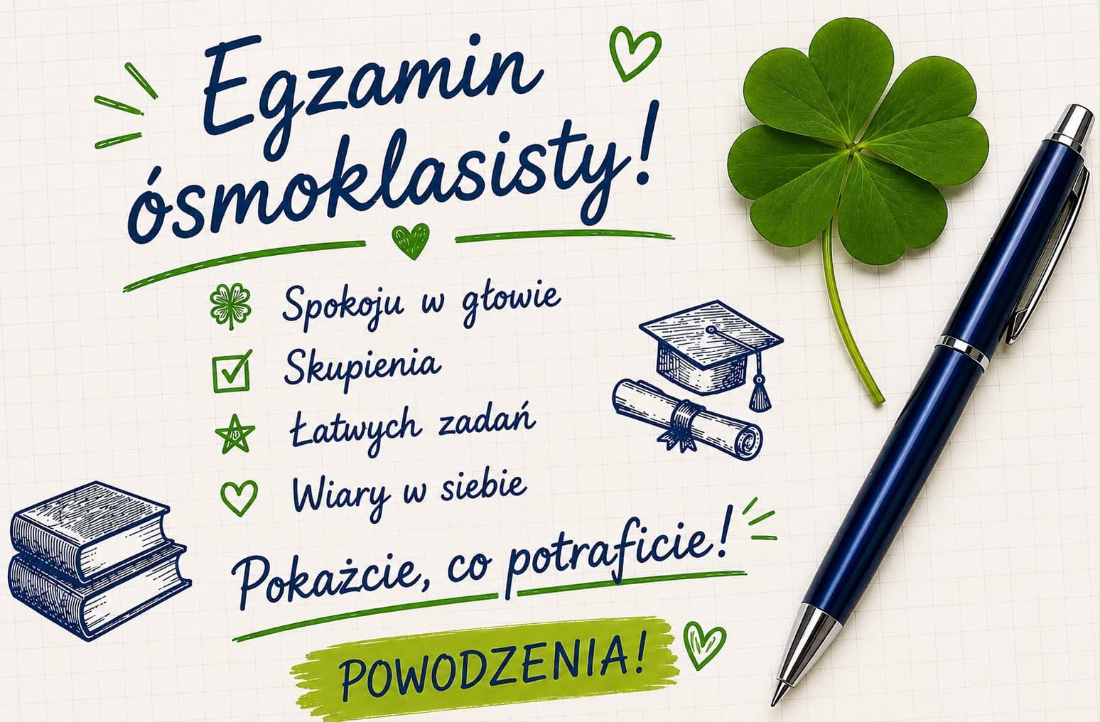 Grafika z życzeniami dla uczniów z okazji egzaminu ósmoklasisty.Na jasnym tle w kratkę znajduje się duży granatowy napis „Egzamin ósmoklasisty!”. Obok widoczna jest zielona czterolistna koniczyna oraz granatowy długopis. W centralnej części umieszczono krótkie życzenia: „Spokój”, „Skupienie”, „Łatwych zadań”, „Wiary w siebie” oraz napis „Pokażcie, co potraficie!”. Na dole znajduje się wyróżnione hasło „POWODZENIA!”. Grafika utrzymana jest w biało-zielono-granatowej kolorystyce i zawiera rysunki książek oraz dyplomu.