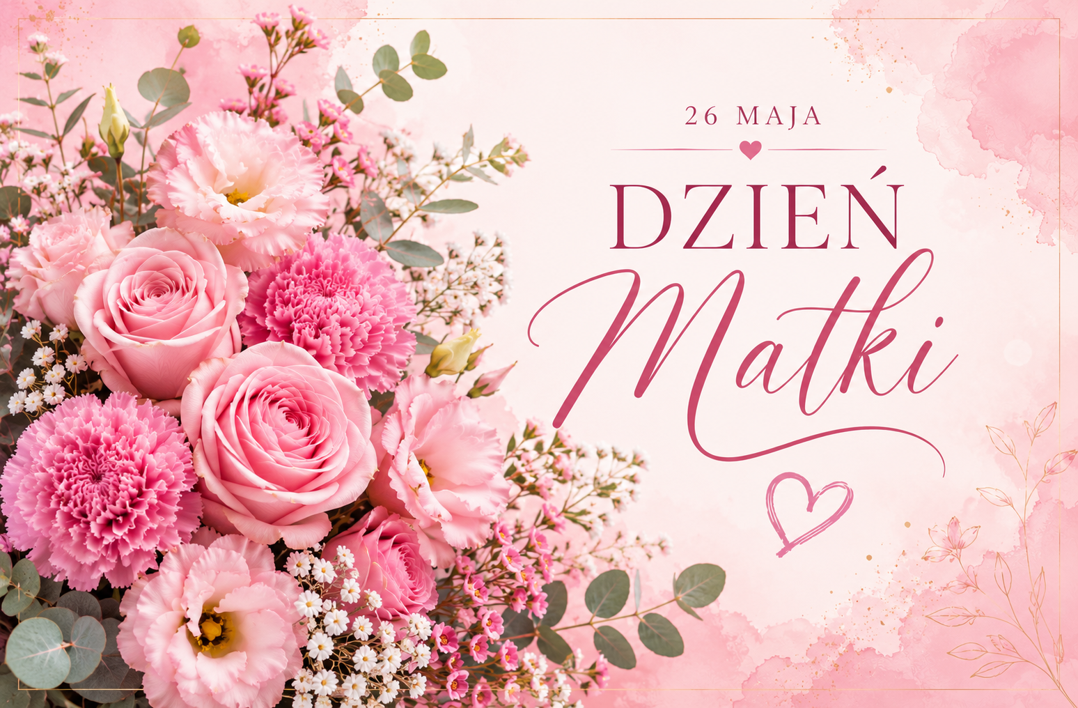 Pastelowa grafika na Dzień Matki z różowymi kwiatami i napisem „26 MAJA – DZIEŃ Matki”.
