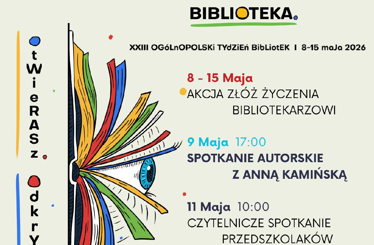 Plakat tydzień bibliotek, 8-15 maja akcja złóż życzenia bibliotekarzowi