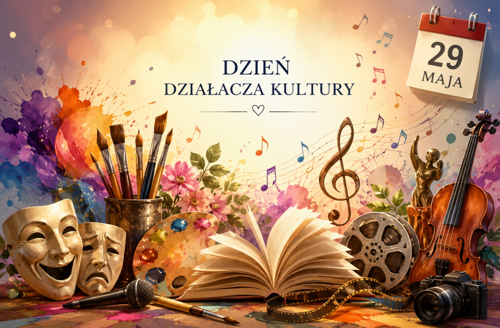 Kolorowa grafika okolicznościowa z okazji Dnia Działacza Kultury. Na jasnym, rozświetlonym tle znajdują się symbole różnych dziedzin kultury i sztuki: maski teatralne, mikrofon, pędzle malarskie, paleta z farbami, otwarta książka, klucz wiolinowy, nuty, taśma filmowa, kamera oraz skrzypce. Elementy otaczają centralnie umieszczony napis „Dzień Działacza Kultury”. W prawym górnym rogu widoczny jest kalendarz z datą „29 maja”. Grafika utrzymana jest w ciepłej, wielobarwnej stylistyce z motywami kwiatów i plam akwarelowych, nawiązującymi do twórczości artystycznej.