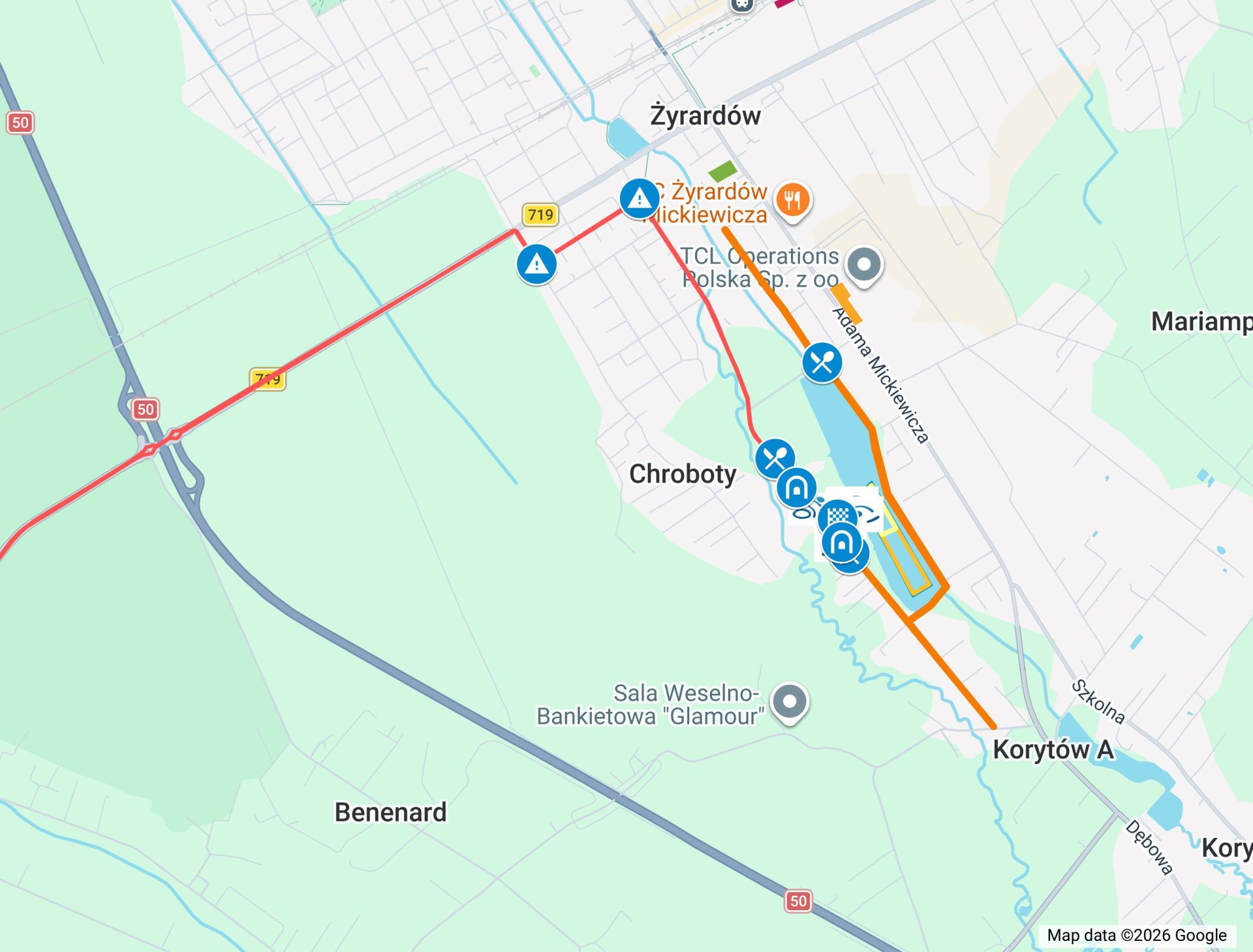 mapa trasy Garmin Iron Triathlon Żyrardów przybliżona do terenu Gminy Radziejowice