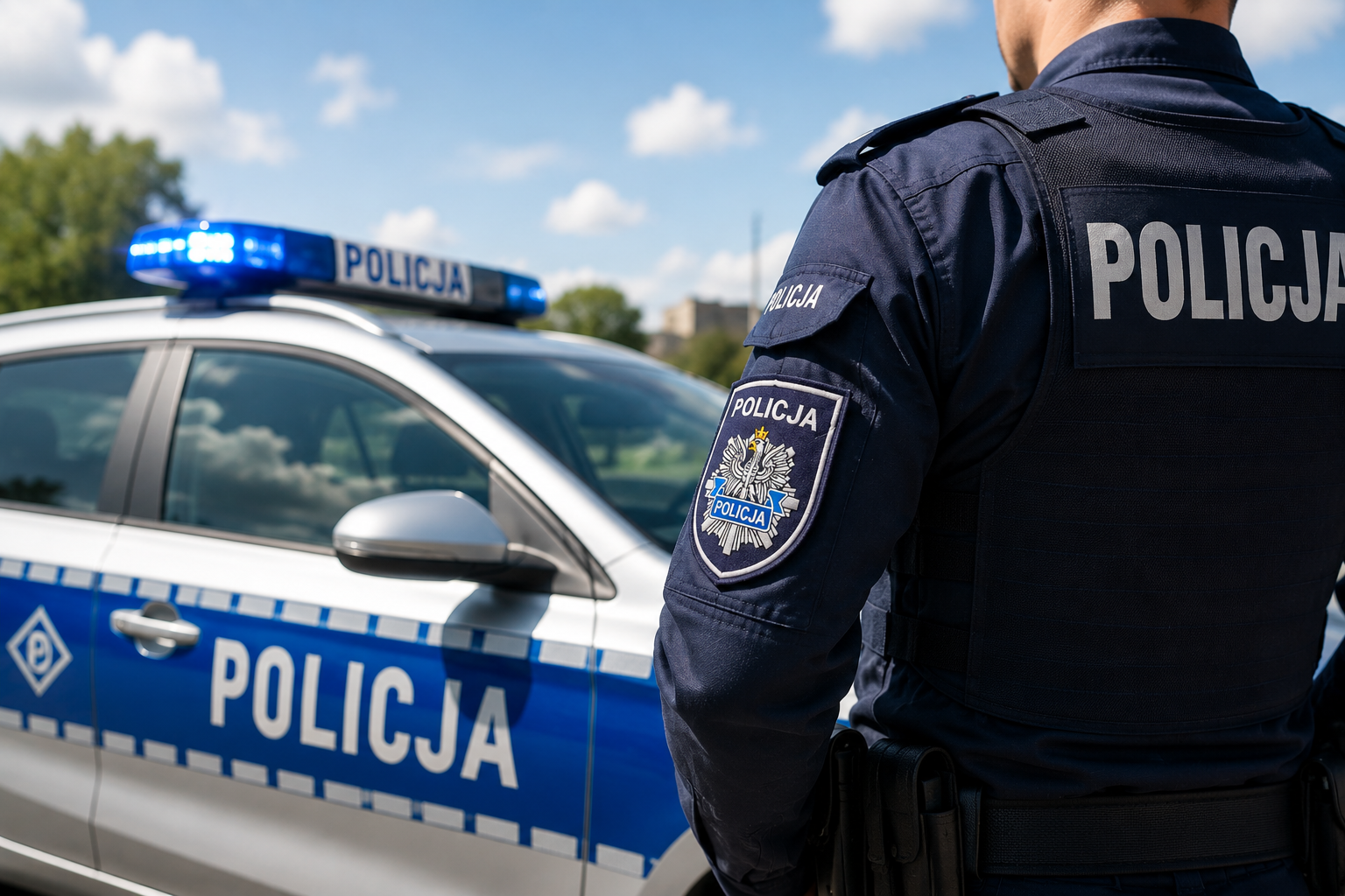 Na grafice widoczny jest policjant sfotografowany od tyłu, ubrany w granatowy mundur z napisem „POLICJA” na kamizelce i naszywkami na rękawie. Obok funkcjonariusza stoi oznakowany radiowóz z włączonym niebieskim sygnałem świetlnym. W tle znajduje się błękitne niebo z chmurami oraz zieleń drzew. Grafika utrzymana jest w jasnej, niebiesko-białej kolorystyce i stanowi ilustrację do materiału dotyczącego Święta Policji.