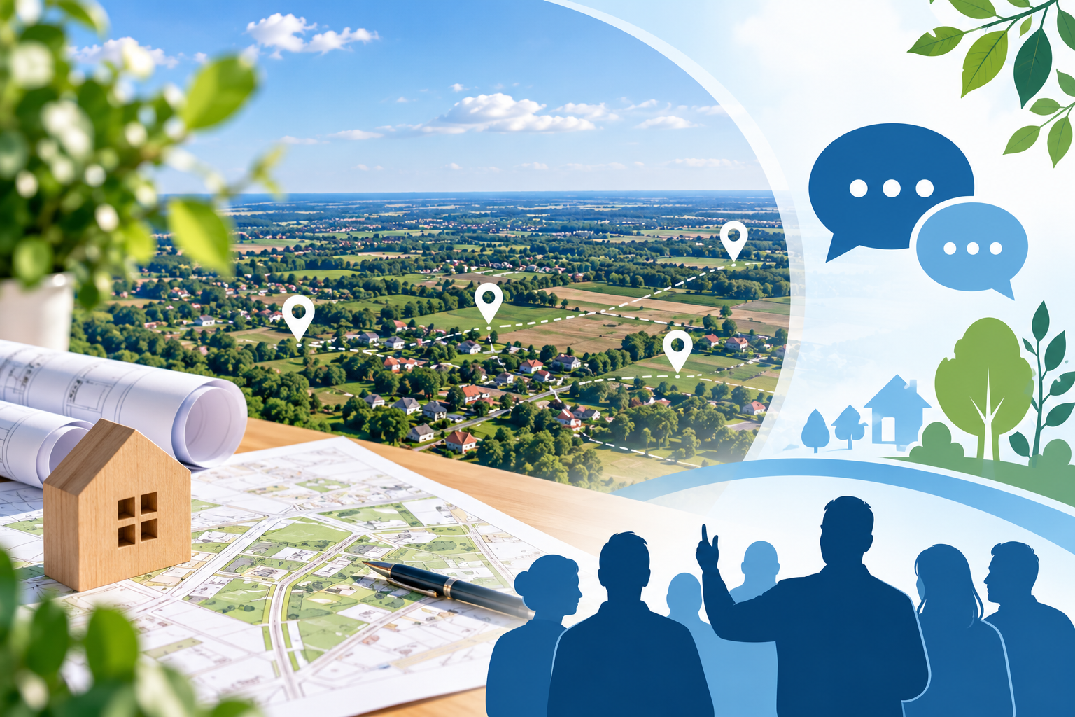 Grafika przedstawia temat konsultacji społecznych i planowania przestrzennego. Na pierwszym planie widoczny jest stół z mapami, projektami budowlanymi, długopisem oraz drewnianym modelem domu. W tle znajduje się panorama zielonego, wiejskiego krajobrazu z zabudową oraz symbolami lokalizacji połączonymi liniami. Po prawej stronie widoczne są sylwetki osób prowadzących rozmowę, symbole dialogu oraz elementy przedstawiające drzewa i zabudowę. Grafika utrzymana jest w odcieniach niebieskiego, zielonego i białego.