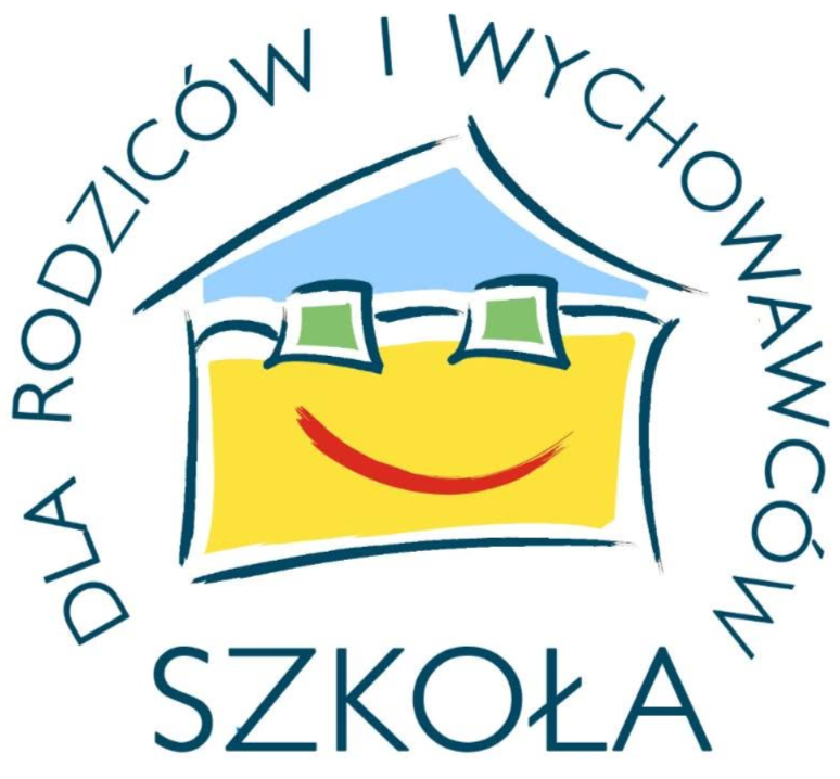 Domek niebiesko żółty z uśmiechem, napis na około "DLA RODZICÓW I WYCHOWAWCÓW" "SZKOŁA"