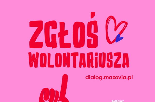 Grafika promująca konkurs „Mazowieckie Barwy Wolontariatu”. Na różowym tle znajduje się czerwony napis „Zgłoś wolontariusza”, logo konkursu oraz logo Mazowsza. Widoczny jest również adres dialog.mazovia.pl i grafika dłoni z sercem.