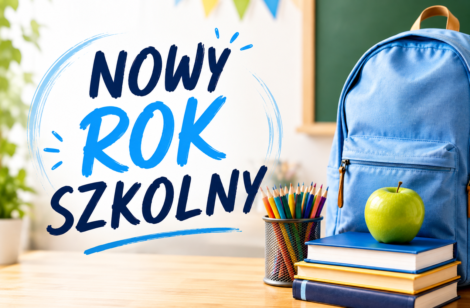 napis nowy rok szkolny i grafika plecak, ołówki, książki i jabłko