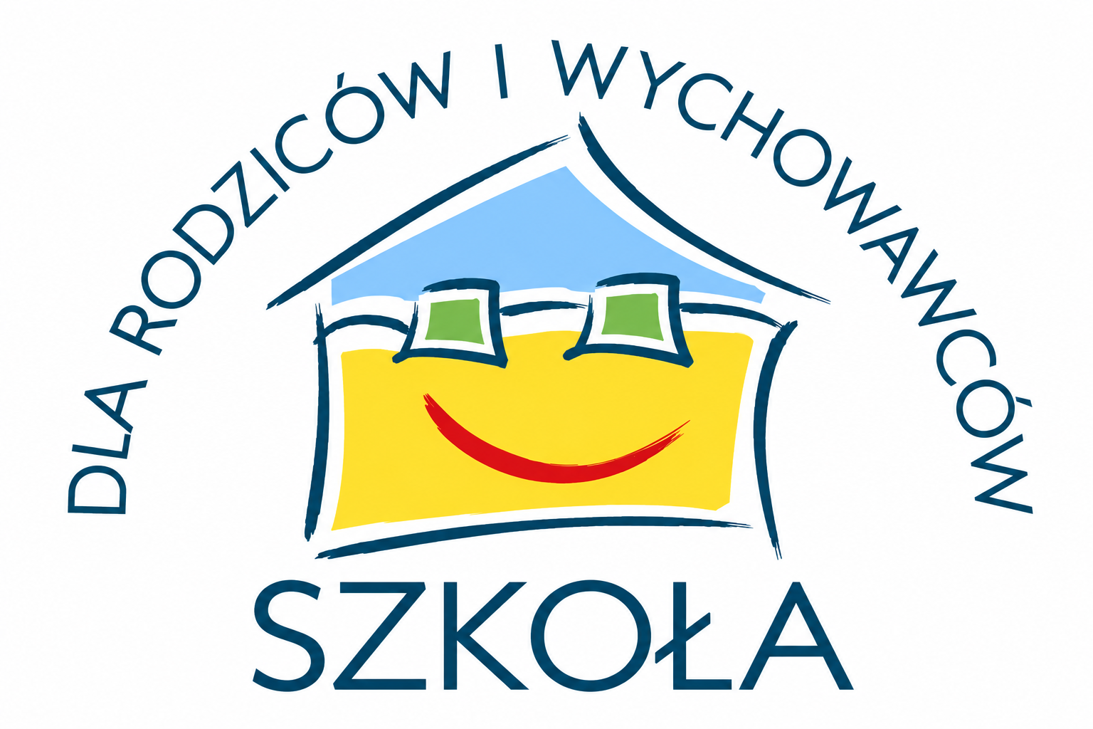 Domek niebiesko żółty z uśmiechem, napis na około "DLA RODZICÓW I WYCHOWAWCÓW" "SZKOŁA"