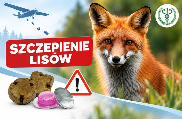 Grafika informacyjna dotycząca szczepienia lisów przeciwko wściekliźnie. Po prawej stronie znajduje się duże zdjęcie lisa na tle zielonego, leśnego krajobrazu. Po lewej stronie, na czerwonym tle, umieszczono napis „Szczepienie lisów”. Na grafice widoczny jest również samolot zrzucający szczepionki, przynęty zawierające szczepionkę, blister oraz znak ostrzegawczy z wykrzyknikiem. W prawym górnym rogu znajduje się symbol Inspekcji Weterynaryjnej.