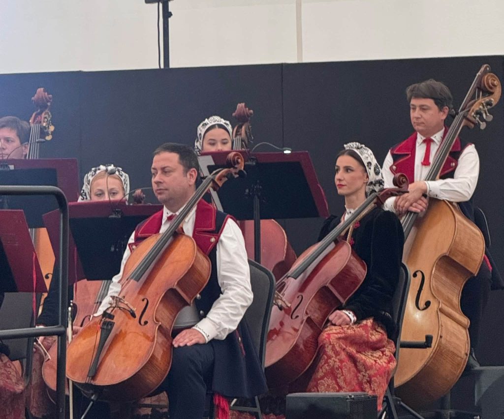Muzycy orkiestry zespołu „Mazowsze” grający na wiolonczelach i kontrabasie. Artyści występują w tradycyjnych strojach ludowych.