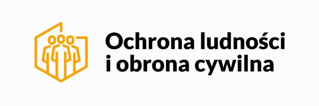 Grafika z symbolem trzech osób osłoniętych konturem budynku oraz napisem „Ochrona ludności i obrona cywilna”.