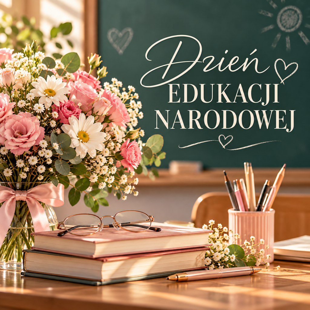Grafika z okazji Dnia Edukacji Narodowej. Na zielonej tablicy widnieje jasny napis „Dzień Edukacji Narodowej”, ozdobiony rysunkami serc i słońca. Na drewnianym biurku znajdują się różowe i białe kwiaty w wazonie, stos książek, okulary oraz przybory do pisania. Całość utrzymana jest w ciepłej, eleganckiej kolorystyce.