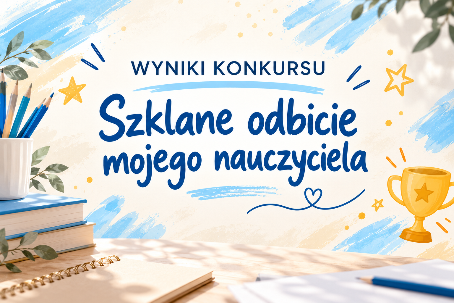 Grafika informująca o wynikach konkursu „Szklane odbicie mojego nauczyciela”. Na jasnym, kremowym tle z niebieskimi akcentami umieszczono granatowy napis „Wyniki konkursu” oraz większy, ozdobny tytuł „Szklane odbicie mojego nauczyciela”. Wokół napisu znajdują się ilustracje przyborów szkolnych, kolorowe kredki, gwiazdki, serce oraz złoty puchar symbolizujący sukces i nagrody.