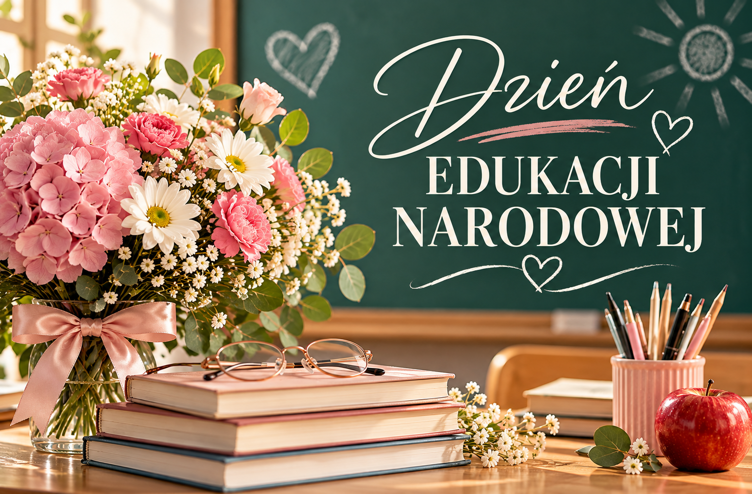 Grafika z okazji Dnia Edukacji Narodowej. Na zielonej tablicy widnieje jasny napis „Dzień Edukacji Narodowej”, ozdobiony rysunkami serc i słońca. Na drewnianym biurku znajdują się różowe i białe kwiaty w wazonie, stos książek, okulary oraz przybory do pisania. Całość utrzymana jest w ciepłej, eleganckiej kolorystyce.